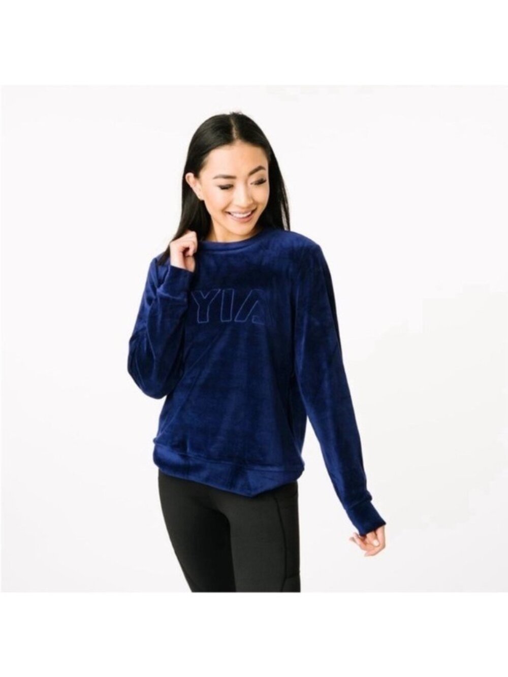 Zyia Active Velour Navy Blue Crewneck Sweatshirt 3XL Soft Logo Detail (U958)